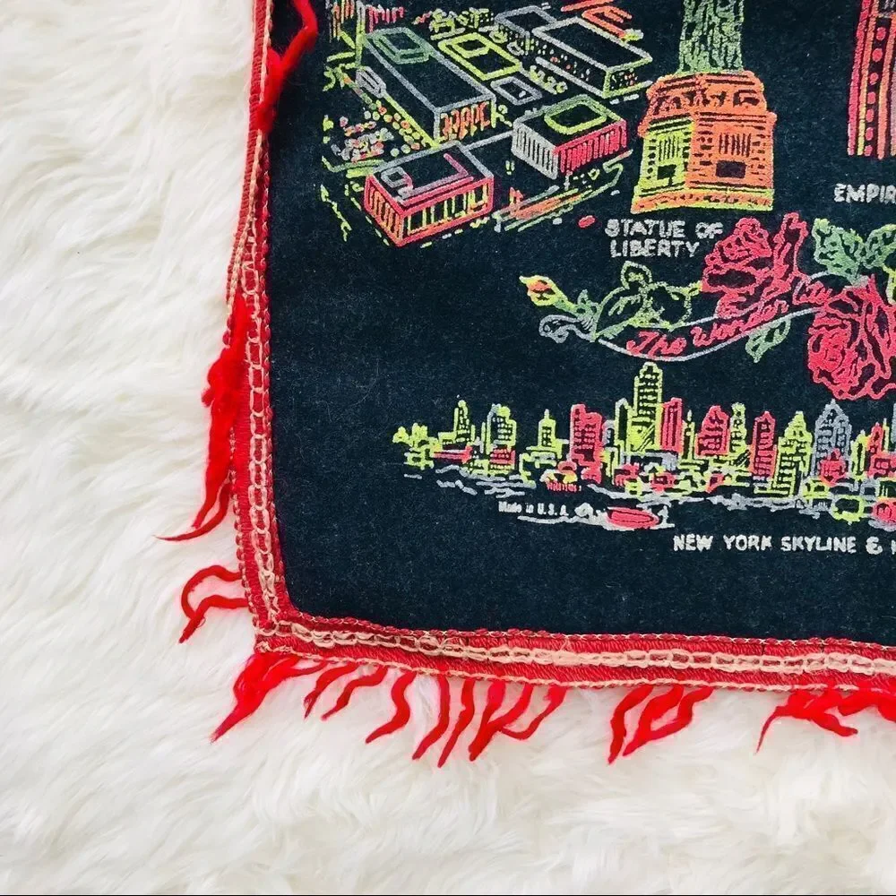 Authentic Vintage 1940s New York Neon Black Velvet Red Fringe Pillow Case Cover